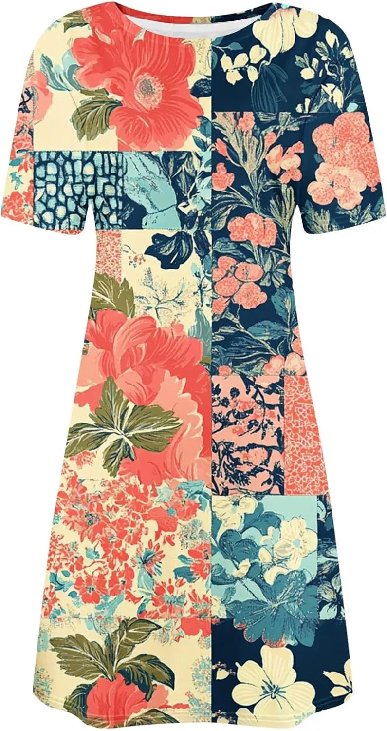 YRAETENM Mini Dresses for Women Summer Short Sleeve Crewneck Sundresses Loose Beach A-Line Shift Dress Vacation Outfits