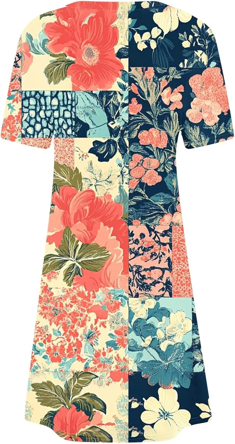 YRAETENM Mini Dresses for Women Summer Short Sleeve Crewneck Sundresses Loose Beach A-Line Shift Dress Vacation Outfits