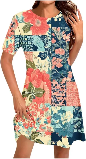 YRAETENM Mini Dresses for Women Summer Short Sleeve Crewneck Sundresses Loose Beach A-Line Shift Dress Vacation Outfits