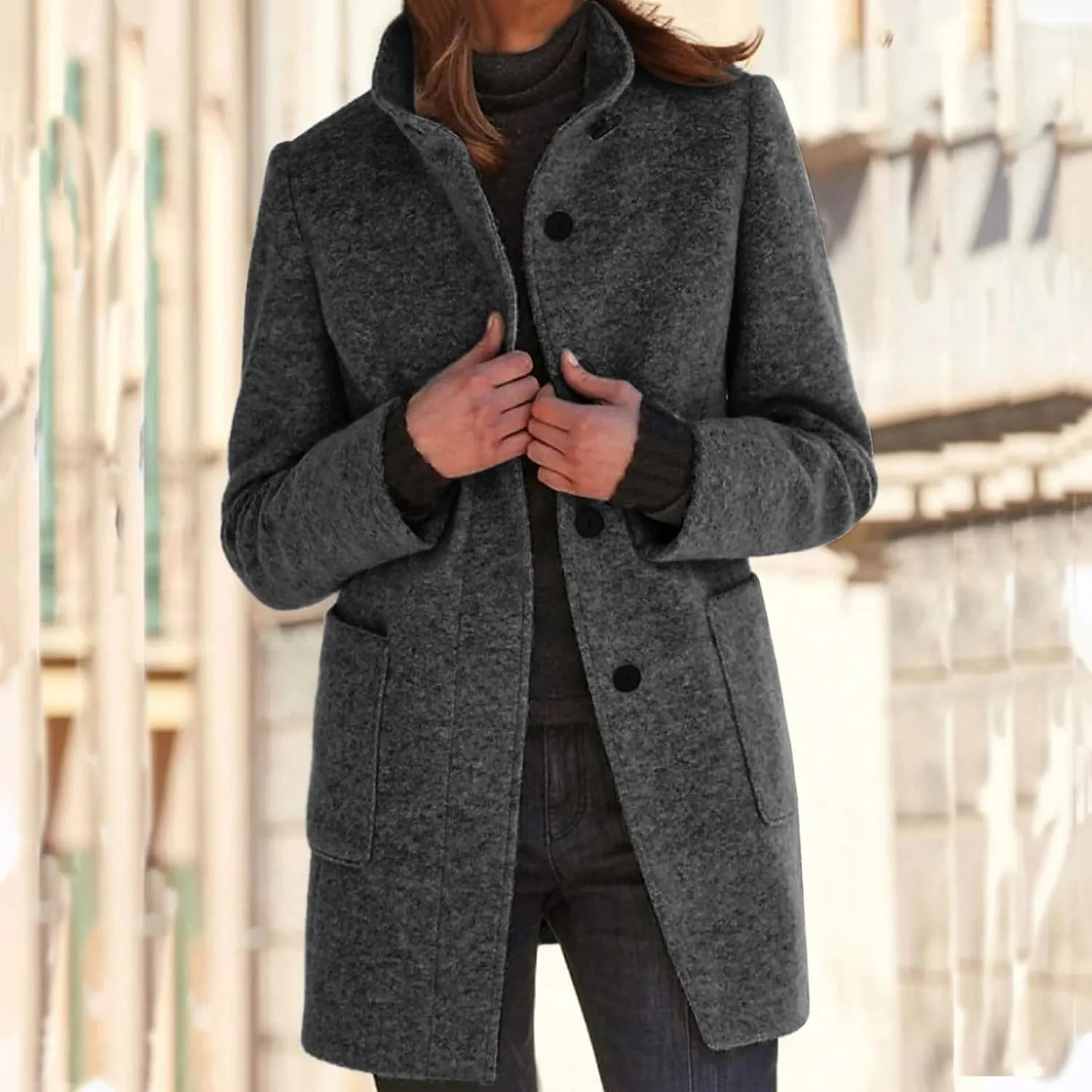 ZWRXW Women's Wool Blend Pea Coat Button Down Stand Collar Thicken Jacket Casual Solid Mid-Long Outerwear with Pockets