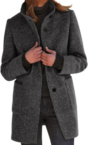 ZWRXW Women's Wool Blend Pea Coat Button Down Stand Collar Thicken Jacket Casual Solid Mid-Long Outerwear with Pockets