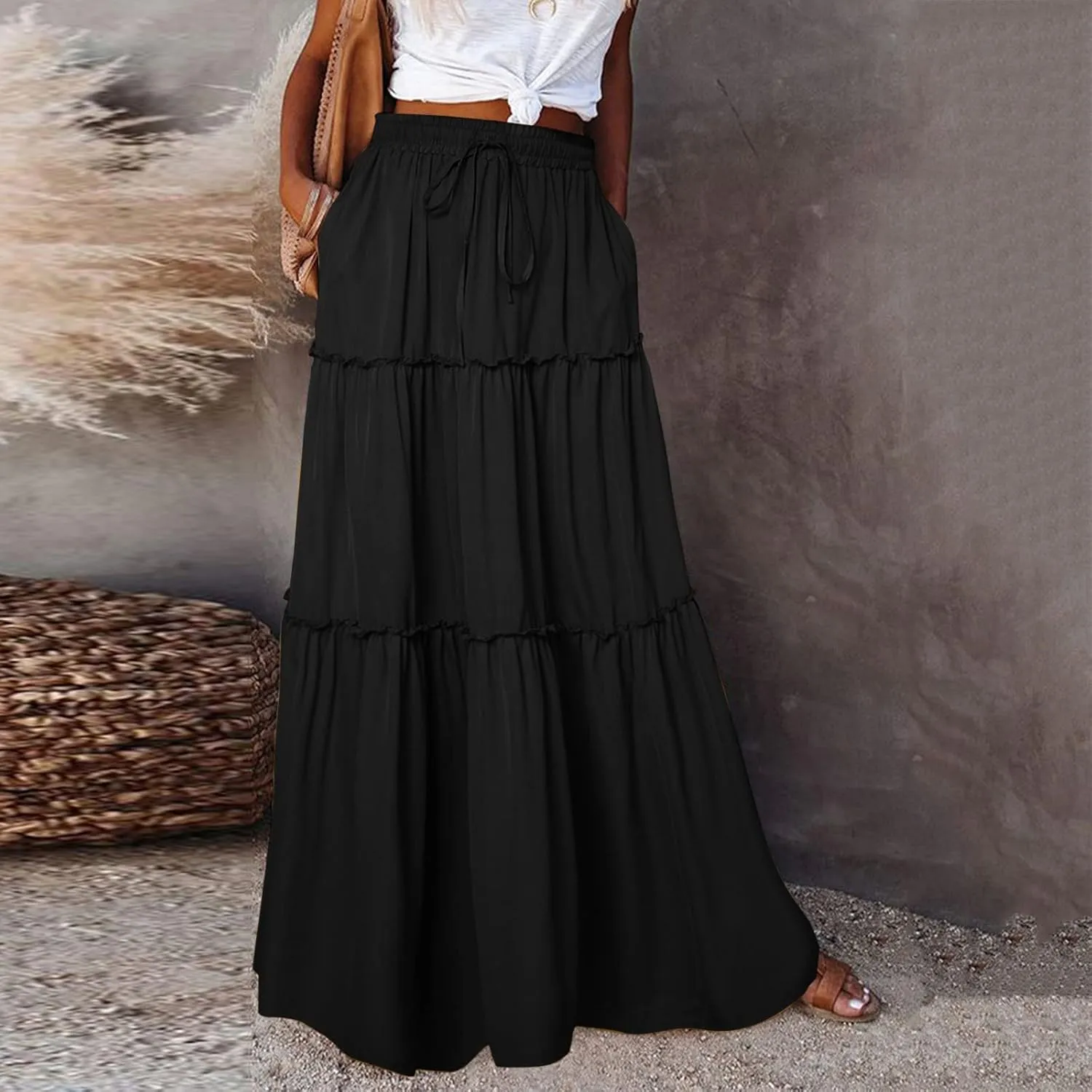 ZYXTIM Women's 2025 Boho Skirt E Elastic High Waist Pleated A-Line Flowy Swing Dresses Print Casual Summer Beach Long Skirts